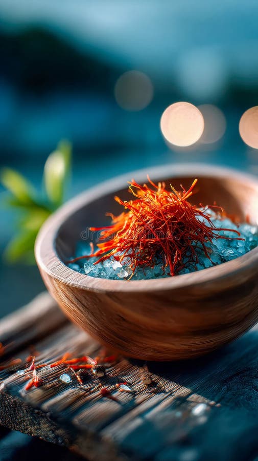 Macro shot of a rustic wooden bowl filled with saffron threads glowing in sunset light royalty free stock image