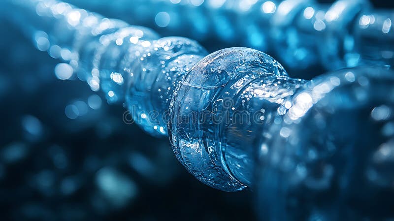 Close up of interconnected glass spheres with water droplets in a dark blue tonal setting vector illustration