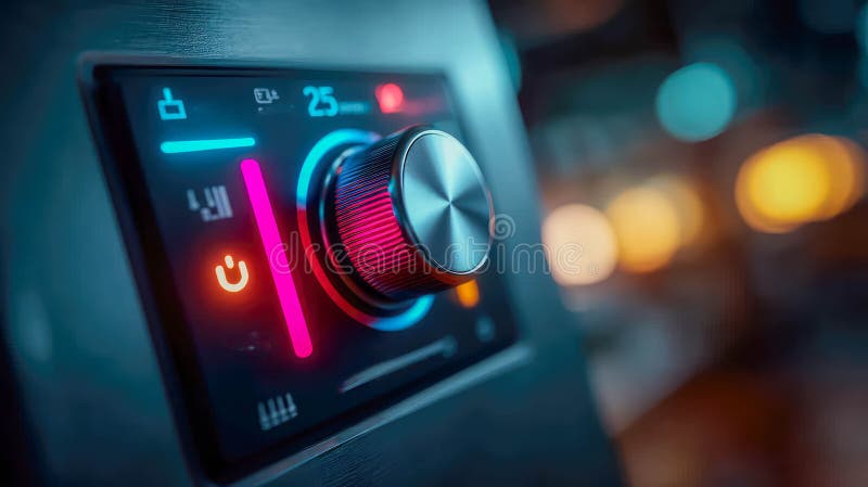 Macro shot of a smart home digital dashboard with glowing LED controls and a temperature dial, representing futuristic. Home AI generated. Controls automation stock images, royalty-free photos and pictures