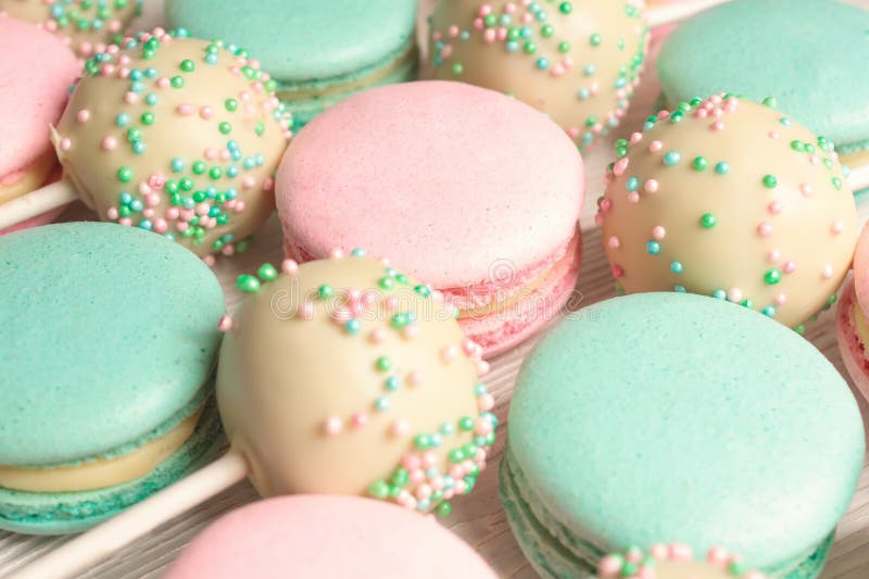 Macro Shot of Sweet Macaroons with Cake Pops Stock Photo Image of