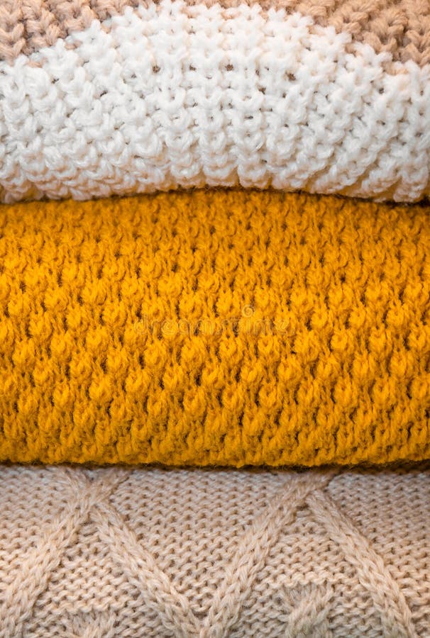 Macro Texture of Three Sweaters. Fabric Fiber Yellow, Brown and White ...