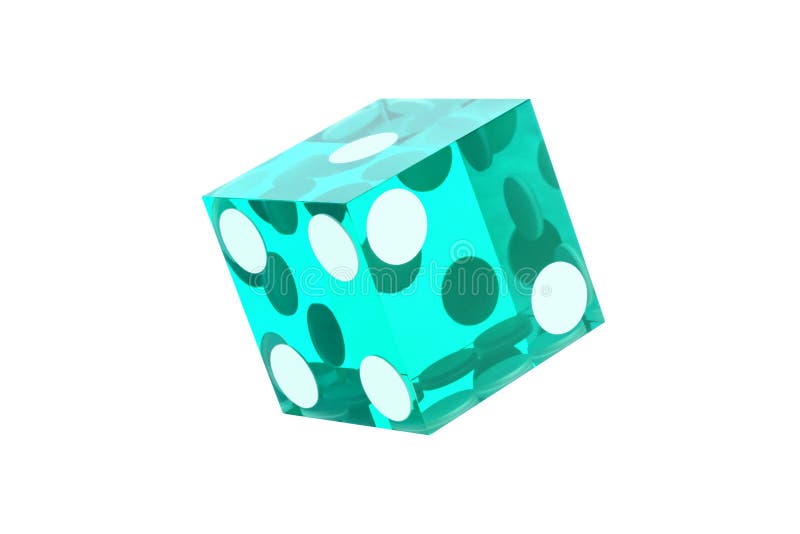 Macro turquoise glass dice isolated on white. Visible edges one, two, four without shadow