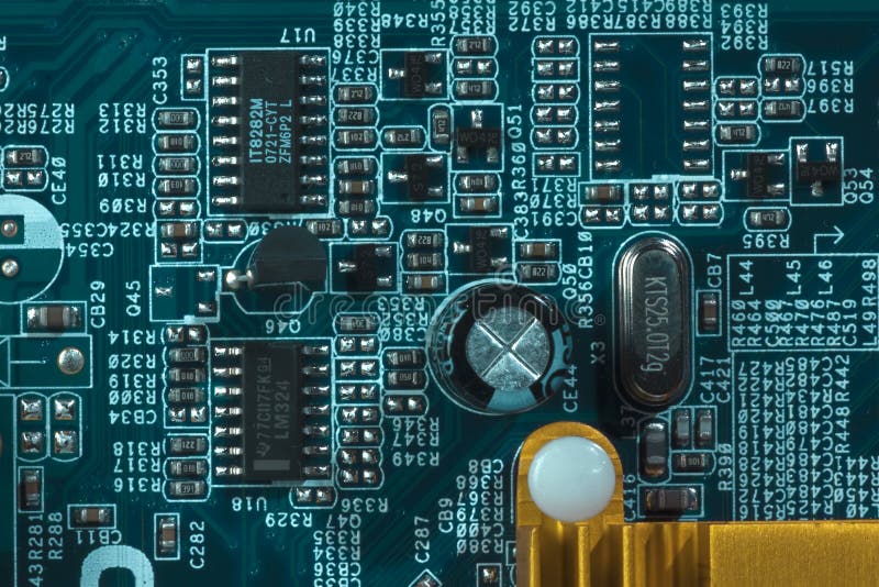Macro of blue motherboard details. Macro of blue motherboard details