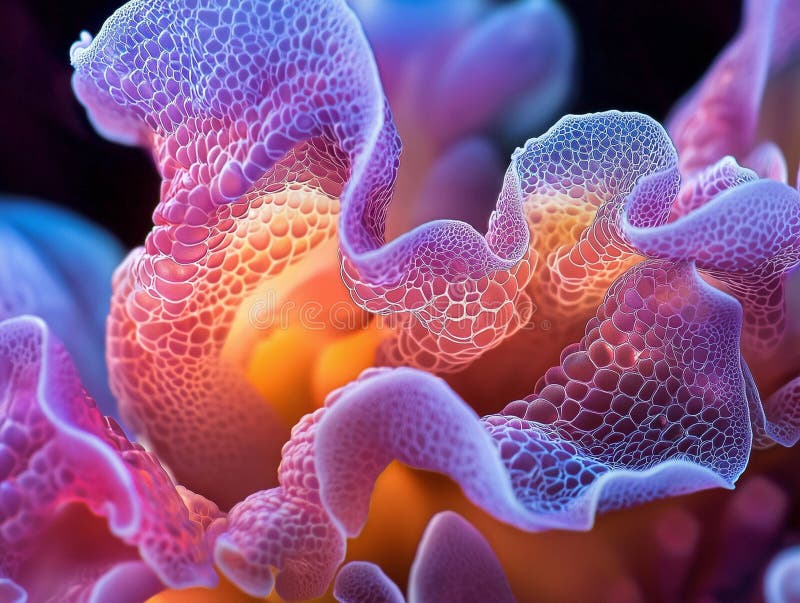 Macro vibrante de coral. Macro-fotografia de coral vibrante com texturas intrincadas e cores vivas numa cena submarina.