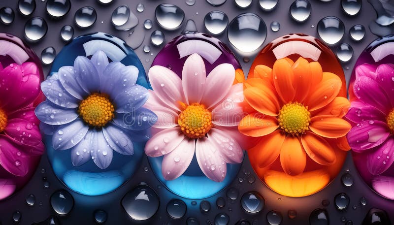 Macro vibrante dei fiori della Gerbera racchiusi nelle goccioline d'acqua lucide con superficie riflettente illustrazione vettoriale