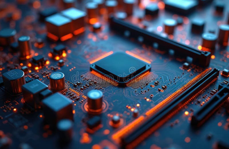 Macro view of computer motherboard with glowing orange and blue circuit lines. Intricate network of components, microchips, and royalty free illustration