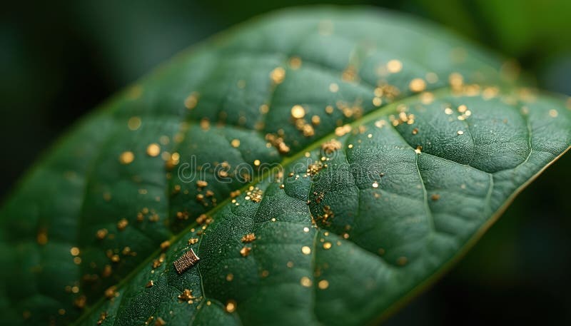 Macro view of green leaf featuring circuitry pattern with gold particles. Image represents fusion of nature, technology, organic stock illustration