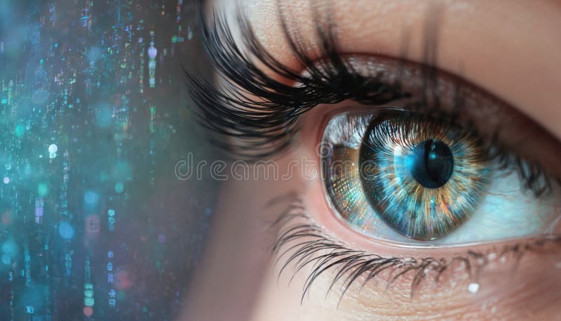 Macro view of human eye reflecting digital code. Iris displays intricate patterns of blue, gold, with binary data shimmering. stock illustration