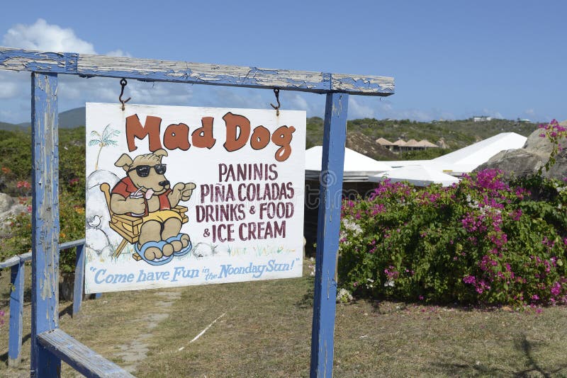 Mad Dog Restaurant Sign, Virgin Gorda, BVI Editorial Stoc