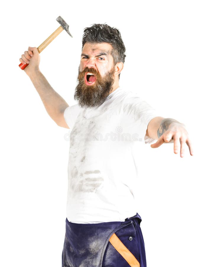 Mad labourer concept. Builder, plasterer, repairman, foreman attaks with hammer royalty free stock photo Mad labourer concept. Builder, plasterer, repairman, foreman attaks with hammer royalty free stock photo