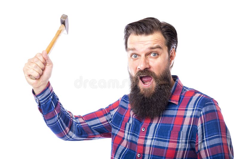 Bearded man holding hammer on white royalty free stock photos Bearded man holding hammer on white royalty free stock photos