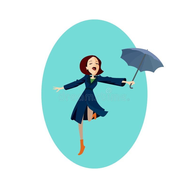 Madame dans la fille bleue de manteau sous le parapluie rouge sous la pluie illustration stock Madame dans la fille bleue de manteau sous le parapluie rouge sous la pluie illustration stock