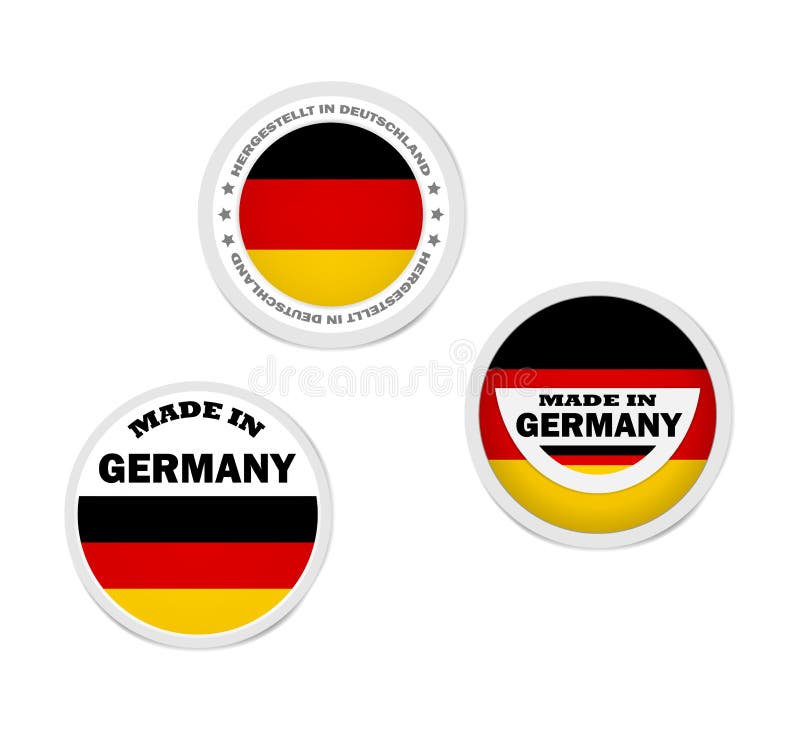 Made in Germany Round Label Sticker, Vector Set. Merchandise Tag with
