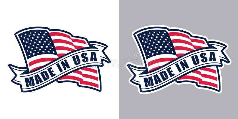 Made in USA United States of America. Composition with American flag and ribbon for badge, label, pin, etc. Variants for light and dark backgrounds.
