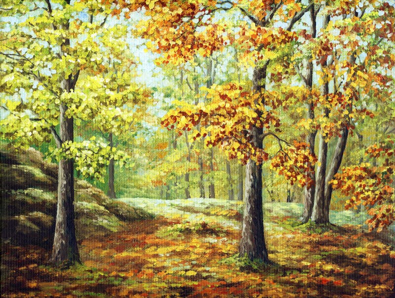 Picture oil paints on a canvas, landscape: autumn wood. Picture oil paints on a canvas, landscape: autumn wood