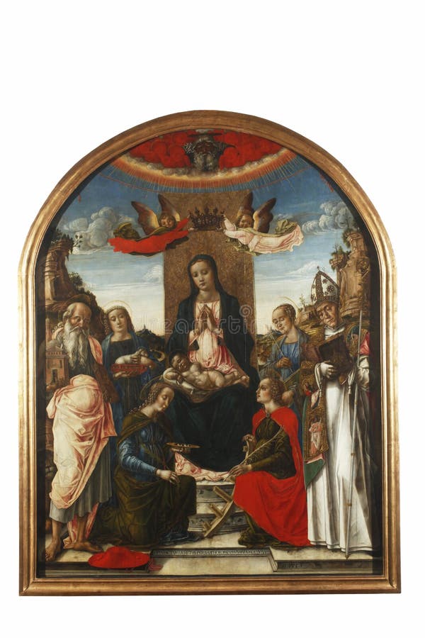 Bartolomeo Vivarini: Madonna and Child on the throne crowned by two angels, with God the Father, Saint Jerome, Agnes, Lucia, Catherine of Alexandria, Ursula, and Bernard of Clairvaux, exhibited at the Great Masters Renaissance in Croatia, opened December 12, 2011. in Zagreb, Croatia. Bartolomeo Vivarini: Madonna and Child on the throne crowned by two angels, with God the Father, Saint Jerome, Agnes, Lucia, Catherine of Alexandria, Ursula, and Bernard of Clairvaux, exhibited at the Great Masters Renaissance in Croatia, opened December 12, 2011. in Zagreb, Croatia