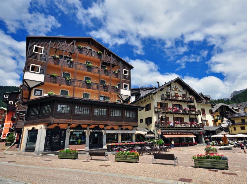 Madonna di Campiglia, Italy. MADONNA DI CAMPIGLIO, ITALY - JULY 11: View of the main square of Madonna di Campiglia town, Italy on July 11, 2014. Madonna di royalty free stock images Madonna di Campiglia, Italy. MADONNA DI CAMPIGLIO, ITALY - JULY 11: View of the main square of Madonna di Campiglia town, Italy on July 11, 2014. Madonna di royalty free stock images