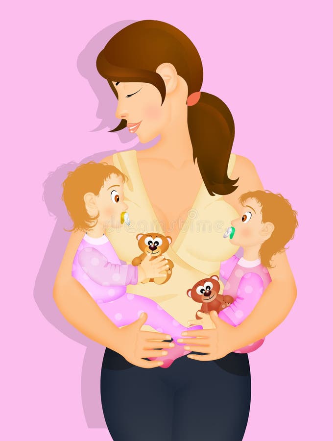 Illustration of mother with baby female twins. Illustration of mother with baby female twins