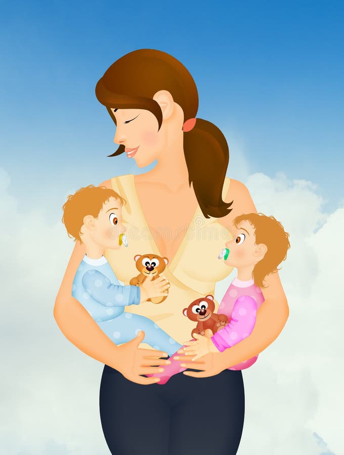 Illustration of mother with twins. Illustration of mother with twins