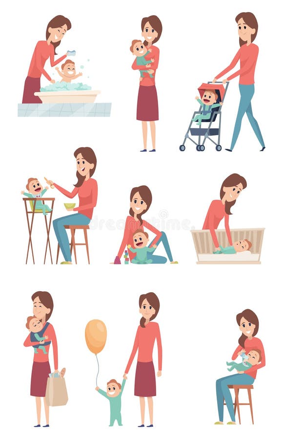 Madre e bambino Bambini felici di amore che giocano con i caratteri di vettore della bambina della madre e del figlio e della fig illustrazione di stock Madre e bambino Bambini felici di amore che giocano con i caratteri di vettore della bambina della madre e del figlio e della fig illustrazione di stock