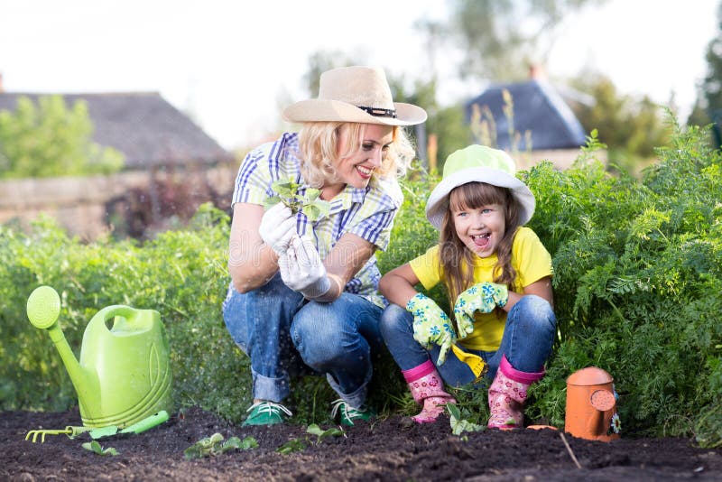 Madre e figlia che lavorano nel giardino fotografie stock Madre e figlia che lavorano nel giardino fotografie stock