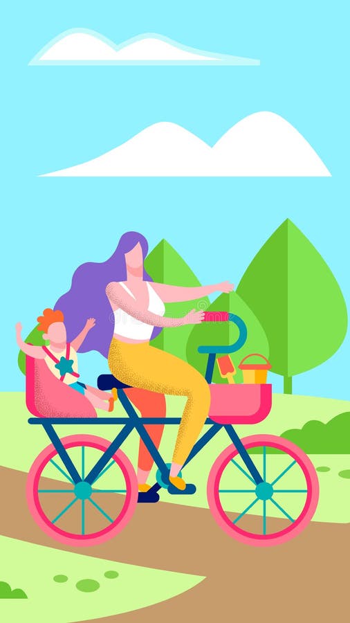 Madre e figlio sull'insegna verticale piana della bicicletta illustrazione vettoriale Madre e figlio sull'insegna verticale piana della bicicletta illustrazione vettoriale