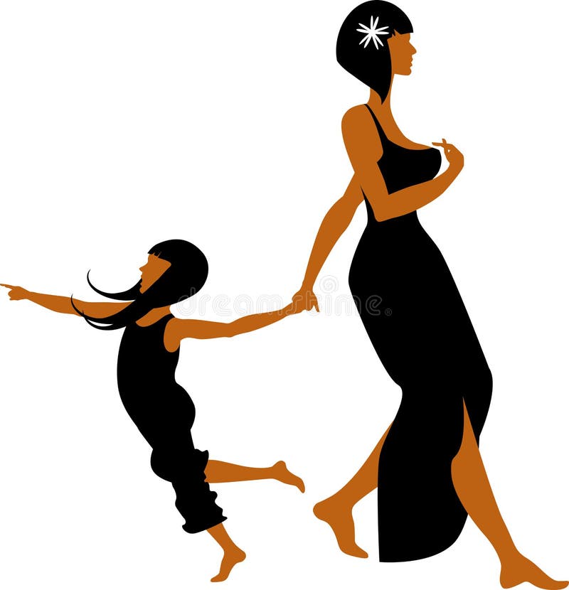 Vector silhouette two-tone of a mother and doughter. Girl put hers foot down and mother drag her. Vector silhouette two-tone of a mother and doughter. Girl put hers foot down and mother drag her.