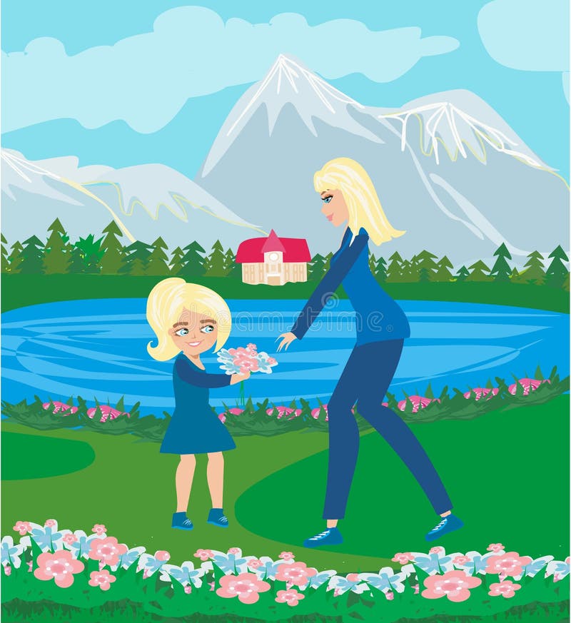 Madre e hija que recorren en jardín ilustración del vector Madre e hija que recorren en jardín ilustración del vector