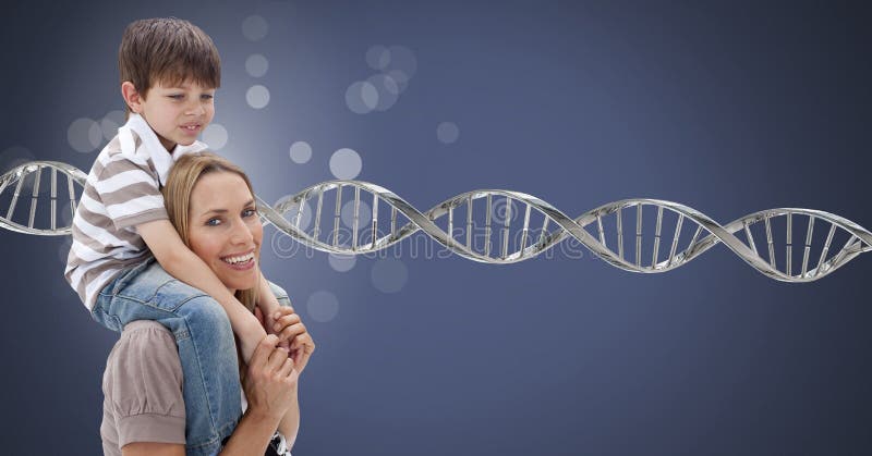 Madre e hijo con las chispas y la DNA genética fotografía de archivo libre de regalías Madre e hijo con las chispas y la DNA genética fotografía de archivo libre de regalías