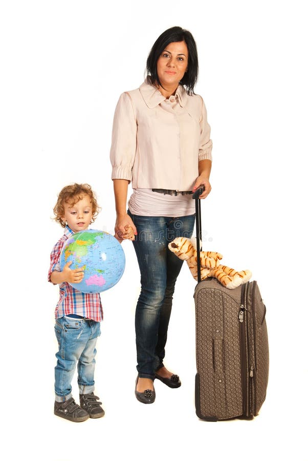 Madre e ragazzo pronti per il viaggio fotografia stock