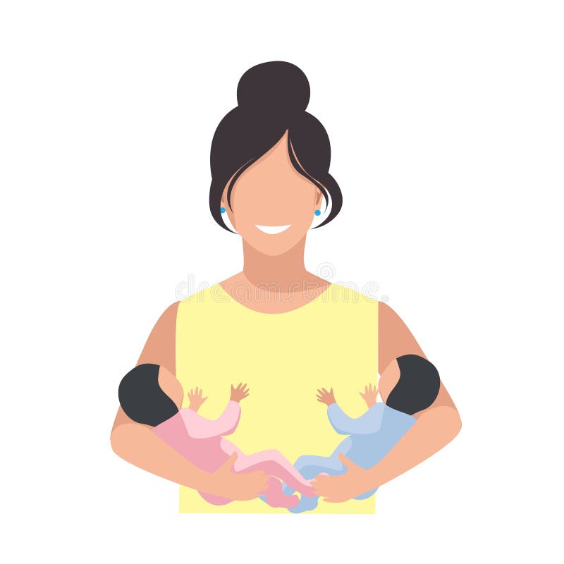 Happy mother holds newborn twins in her arms. Happy twins mom. Flat vector illustration isolated on white background. Happy mother holds newborn twins in her arms. Happy twins mom. Flat vector illustration isolated on white background.