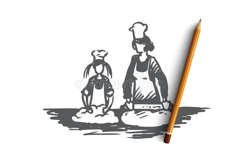 Madre, figlia, cucinando, concetto parenting Vettore isolato disegnato a mano illustrazione di stock Madre, figlia, cucinando, concetto parenting Vettore isolato disegnato a mano illustrazione di stock