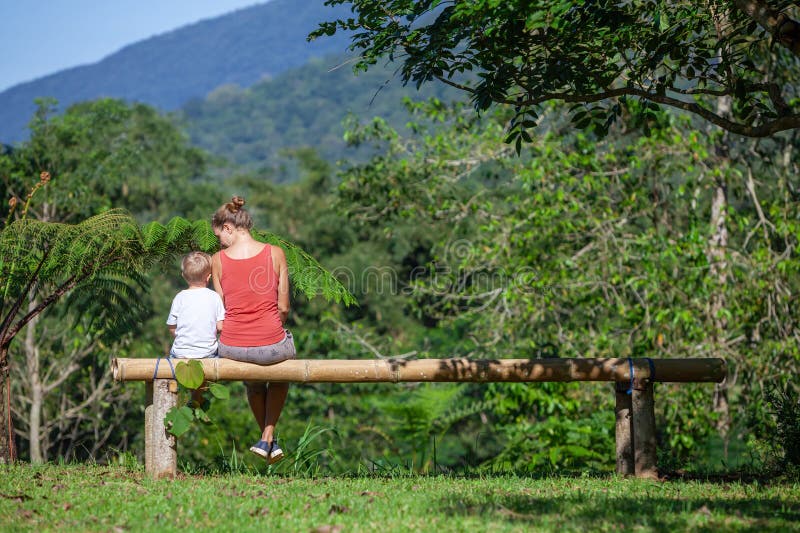 Madre figlioletta si diverte all'aperto seduta sulla panchina sotto l'albero su prato di sole. fotografie stock libere da diritti