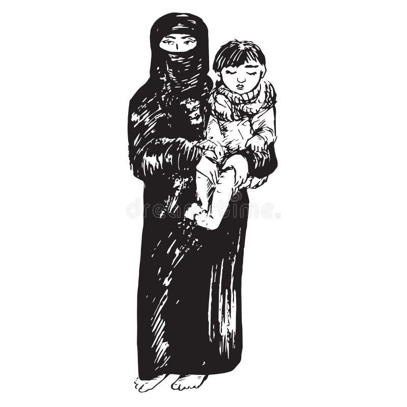 Madre musulmana in burqa nero con il bambino nel suo stare delle mani royalty illustrazione gratis Madre musulmana in burqa nero con il bambino nel suo stare delle mani royalty illustrazione gratis