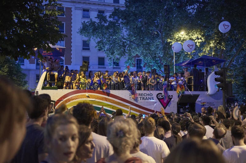 MADRID - JULY 07: Gay and lesbians walk in the Gay Pride Parade on July 07, 2018 in Madrid, Spain stock photos MADRID - JULY 07: Gay and lesbians walk in the Gay Pride Parade on July 07, 2018 in Madrid, Spain stock photos