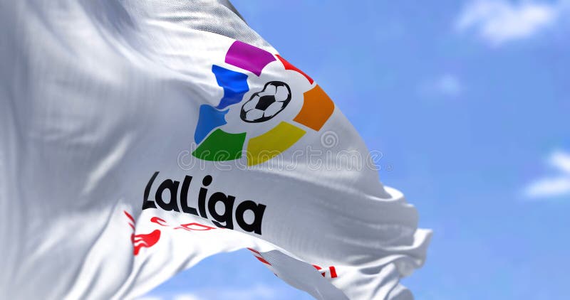 Madrid, SPA, July 2022: Close-up of the La Liga flag waving in the wind. La Liga is the men top professional football division of the Spanish football league system. Illustrative editorial