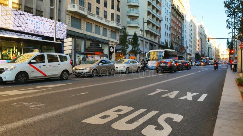 Madrid, Spain - Oct 2019: Traffic Jam in City Centre Gran Via Street footage.