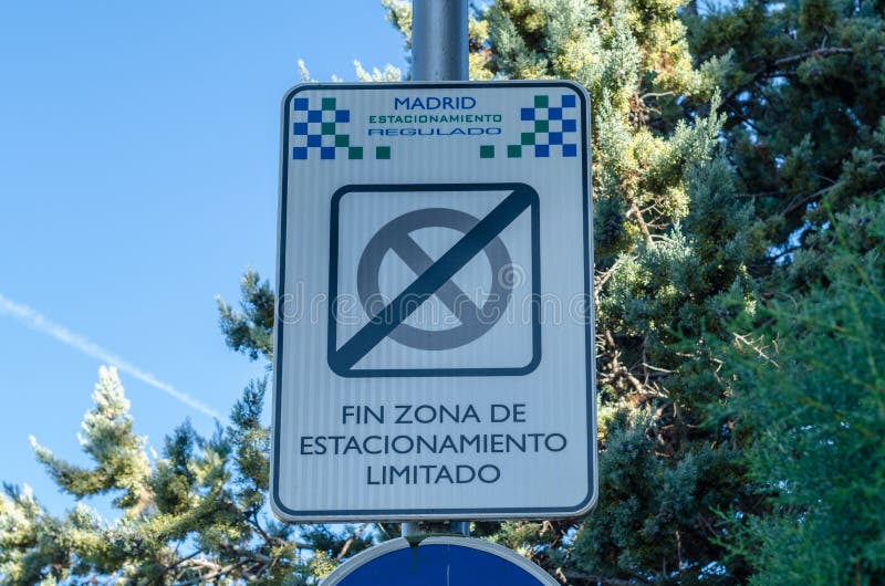 Sign Indicating the Exit of a Limited Parking Zone in Madrid, Spain