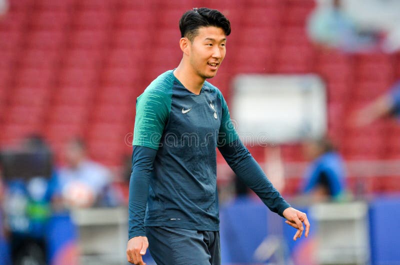 Madrid, Spain - 01 MAY 2019: Heung-min Son players of Tottenham Hotspur before the UEFA Champions League 2019 final match at Wanda Metropolitano, Spain. Madrid, Spain - 01 MAY 2019: Heung-min Son players of Tottenham Hotspur before the UEFA Champions League 2019 final match at Wanda Metropolitano, Spain