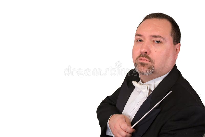 A serious looking orchestra conductor scowls at the camera, isolated against a white background. A serious looking orchestra conductor scowls at the camera, isolated against a white background.