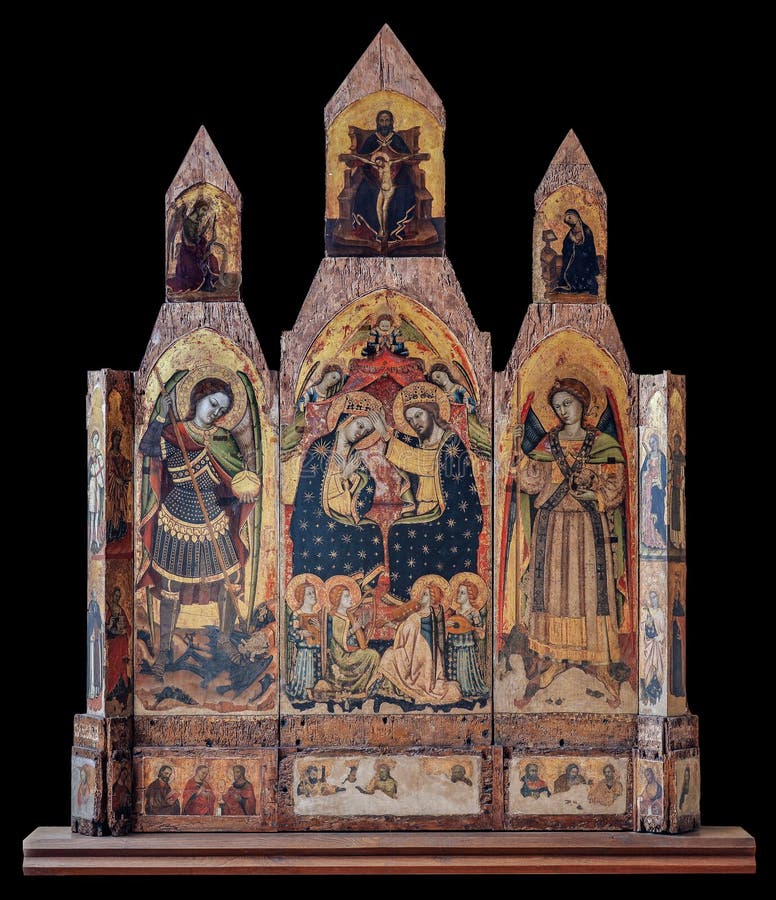 Master of the Trapani Polyptych, Coronation of the Virgin between the archangels Michael and Raphael. Circa 1425. Altarpiece, tempera on assembled wood. From the church of San Michele Arcangelo in Palermo. Master of the Trapani Polyptych, Coronation of the Virgin between the archangels Michael and Raphael. Circa 1425. Altarpiece, tempera on assembled wood. From the church of San Michele Arcangelo in Palermo