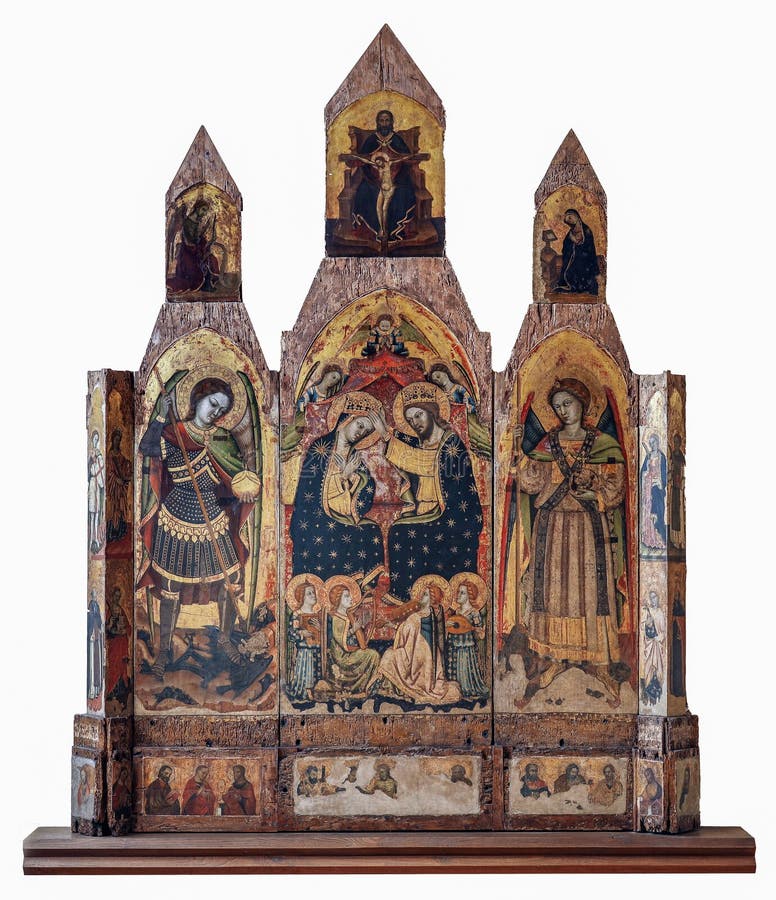 Master of the Trapani Polyptych, Coronation of the Virgin between the archangels Michael and Raphael. Circa 1425. Altarpiece, tempera on assembled wood. From the church of San Michele Arcangelo in Palermo. Master of the Trapani Polyptych, Coronation of the Virgin between the archangels Michael and Raphael. Circa 1425. Altarpiece, tempera on assembled wood. From the church of San Michele Arcangelo in Palermo