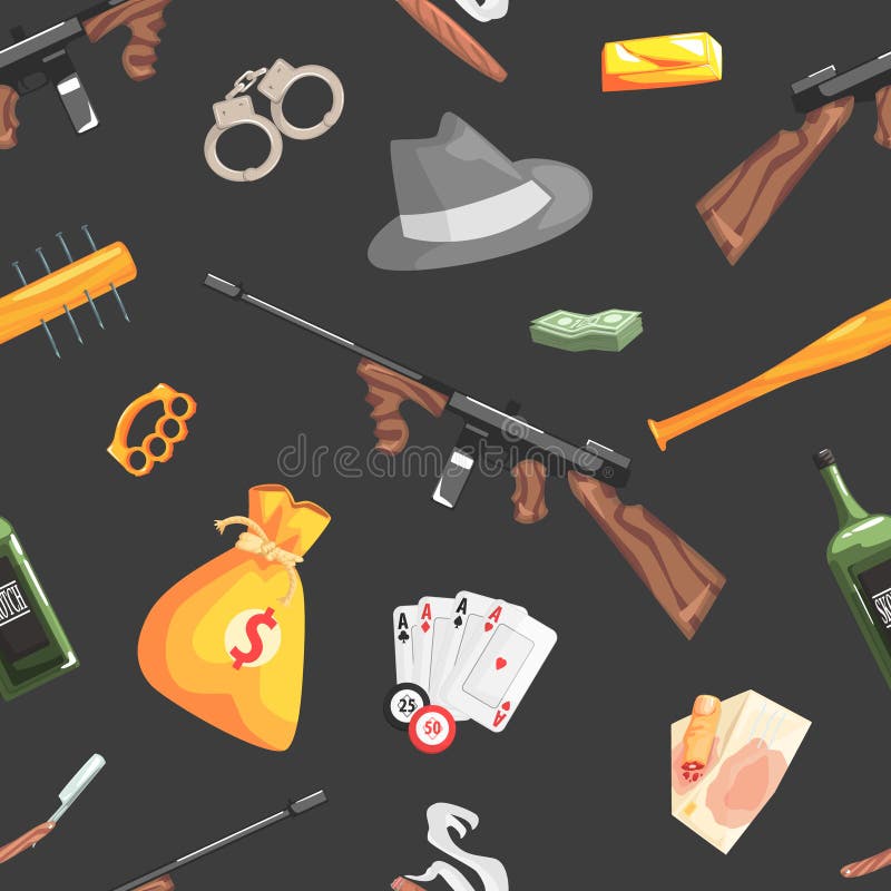 Mafia and Gangsters Vintage Objects Seamless Pattern, Design Element