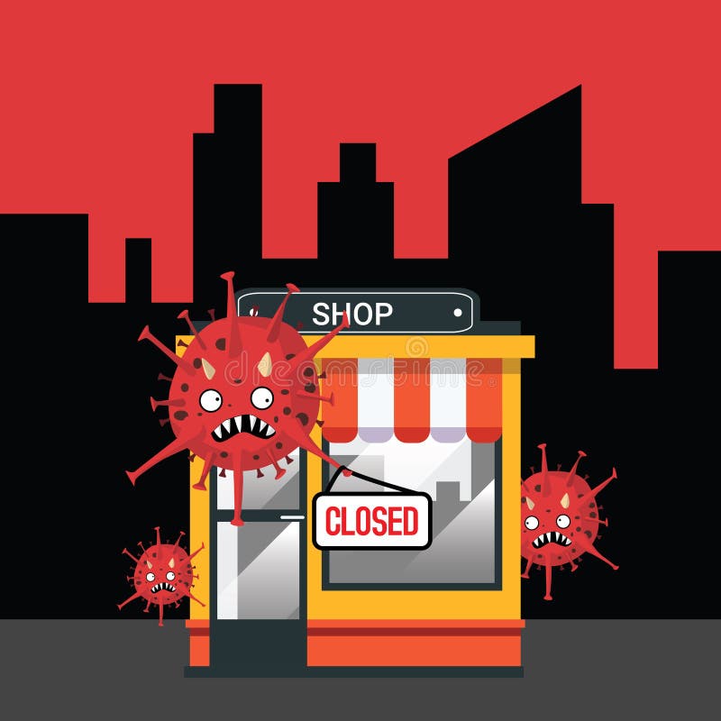 Magazin închis sau în faliment. magazia goală și coronavirusul agățat pe placa cu semnul închis de pe magazinul din față nu funcți royalty free illustration