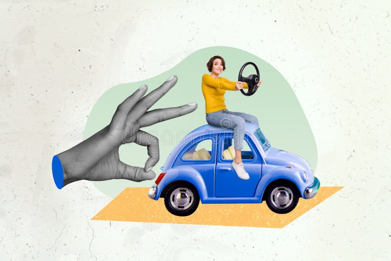 Magazine banner collage of confused lady with damaged car big finger pushing away on drawing creative image background.