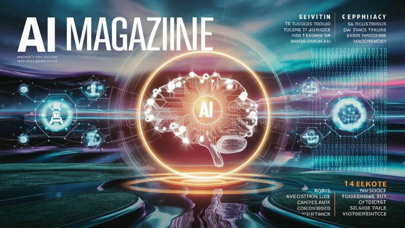 Ai magazine cover featuring a glowing brain with ai text inside a circle royalty free illustration