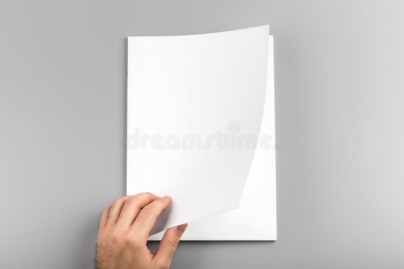 Hand Opening White Journal with Blank Pages Mockup. Stock Image