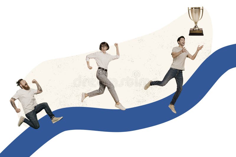 Magazine template collage picture of three people competitors aim achieve golden trophy stock illustration