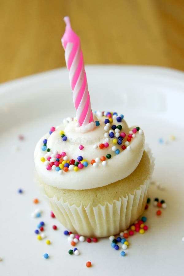 Birthday cupcake with candle and sprinkles. Birthday cupcake with candle and sprinkles.