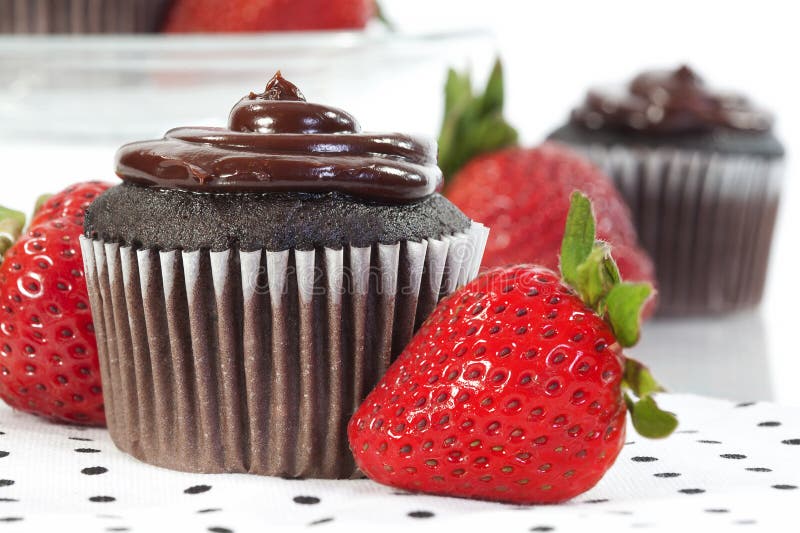 A chocolate cupcake with chocolate frosting served with fresh ripe strawberries. A chocolate cupcake with chocolate frosting served with fresh ripe strawberries
